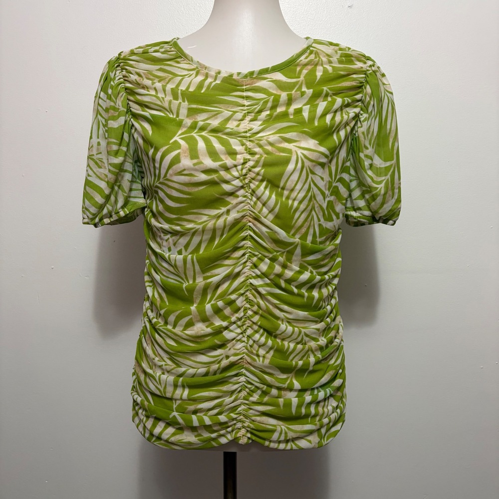 Cato Ruched Mesh Palm Print Top Size M Lime Green Tropical Short Sleeve Blouse - Picture 2 of 8